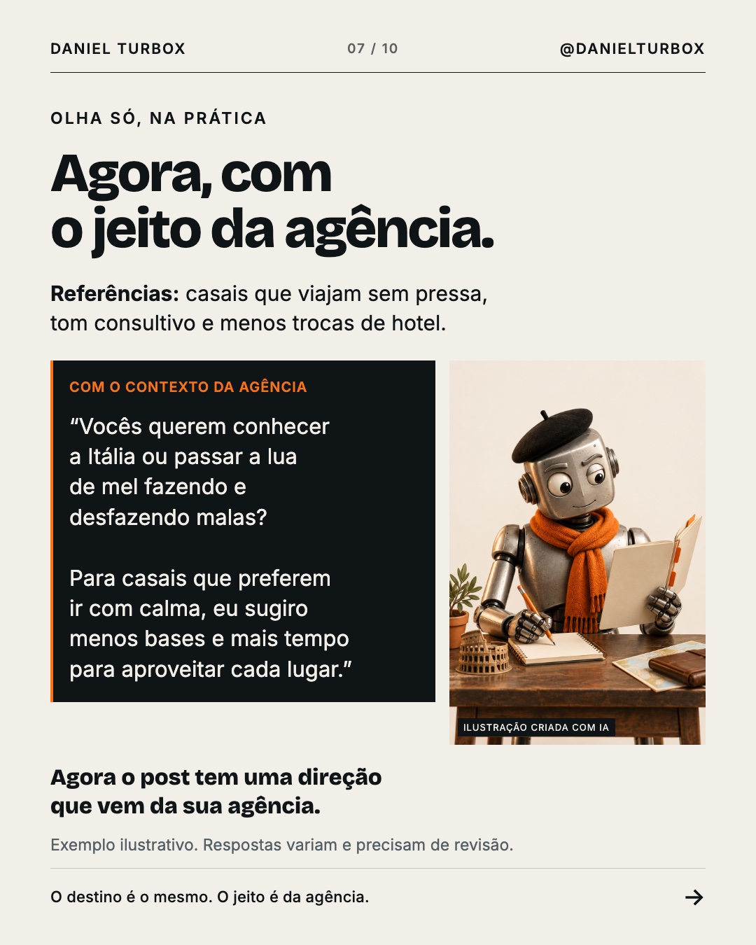 Slide comparando um post genérico sobre lua de mel na Itália com o mesmo post escrito com o contexto da agência