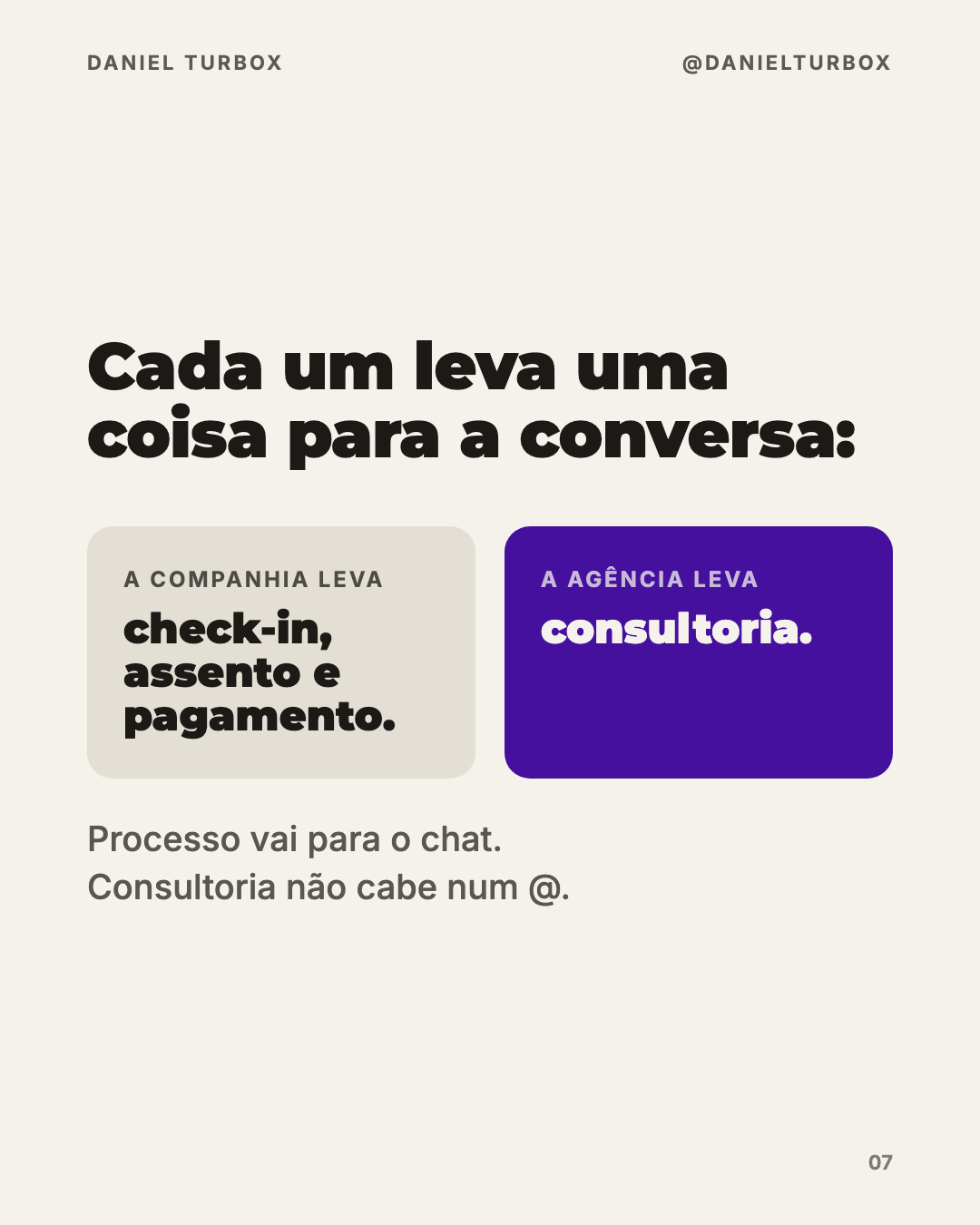 Slide do carrossel comparando o que cada um leva para a conversa: a companhia aérea leva check-in, assento e pagamento; a agência leva consultoria