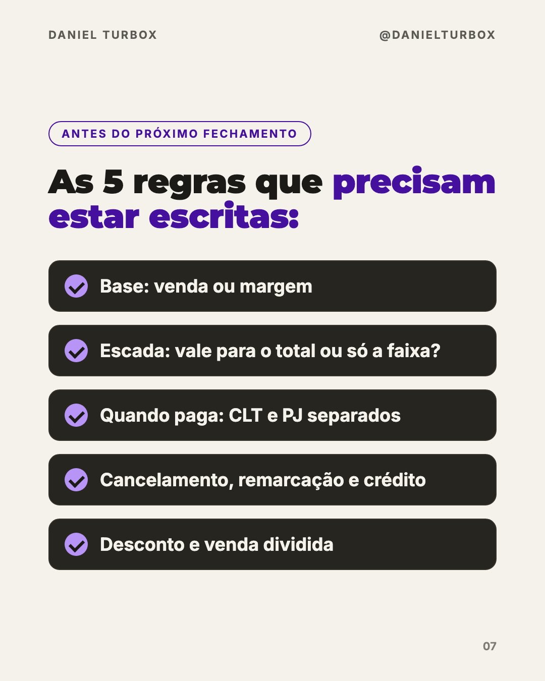 Checklist com as 5 regras de comissão que precisam estar escritas: base, escada, quando paga, cancelamento e desconto