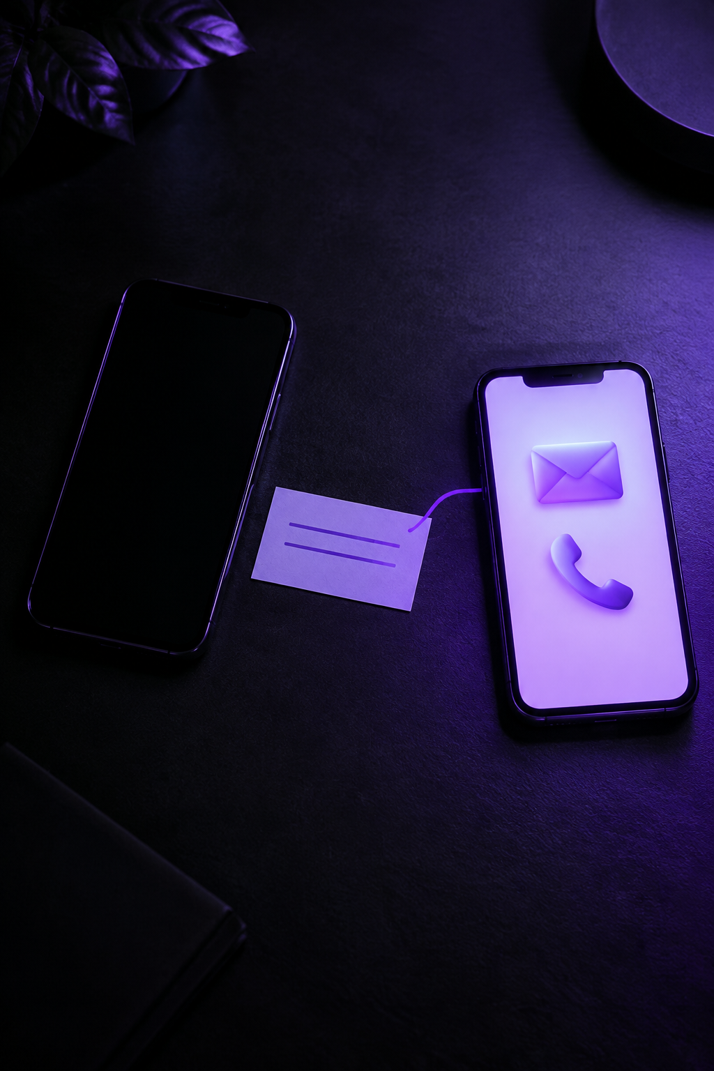 Dois celulares sobre mesa escura, um com ícones de e-mail e telefone ligados a um cartão de papel