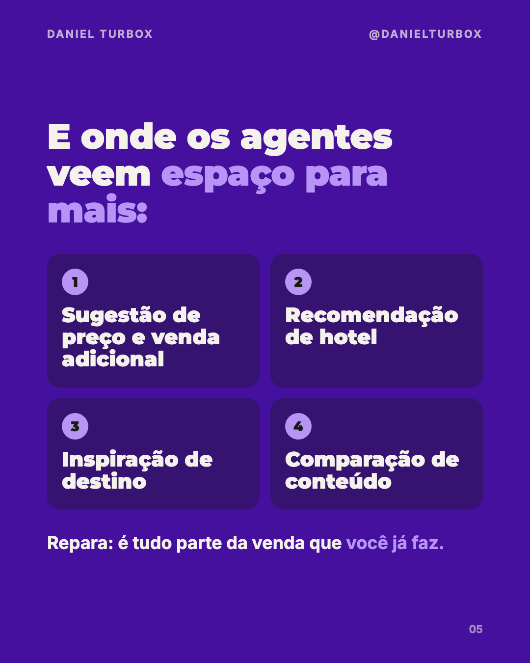 Slide com as áreas em que os agentes veem espaço para a IA: sugestão de preço e venda adicional, recomendação de hotel, inspiração de destino e comparação de conteúdo