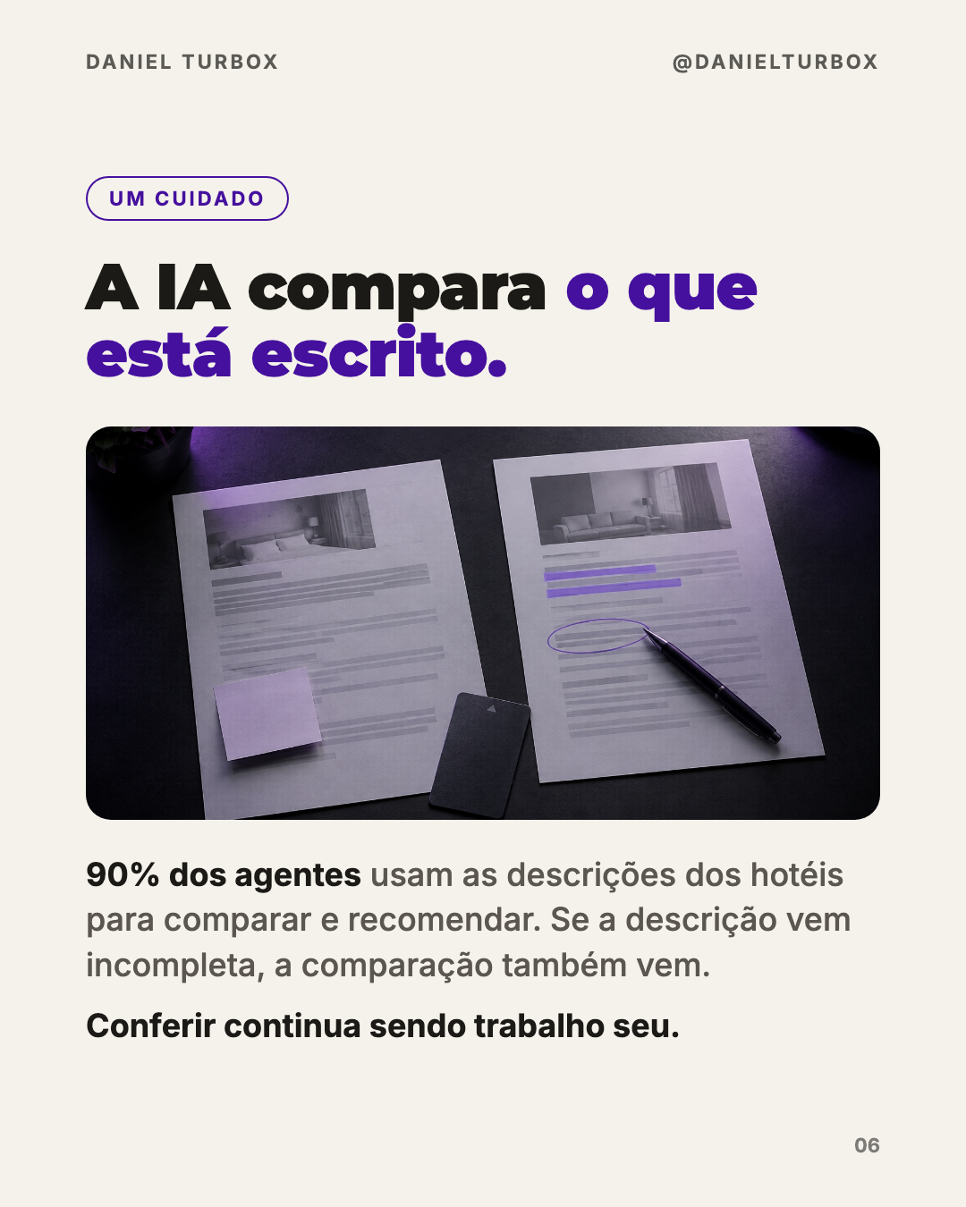Slide com duas fichas de hotel lado a lado e o lembrete de que 90% dos agentes usam as descrições dos hotéis para comparar e recomendar