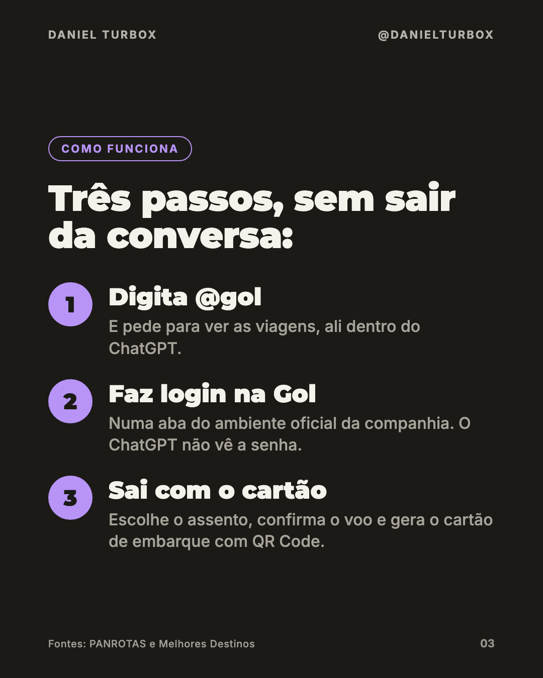 Slide do carrossel com os três passos do check-in da Gol pelo ChatGPT: digitar @gol, fazer login no ambiente oficial da companhia e sair com o cartão de embarque com QR Code
