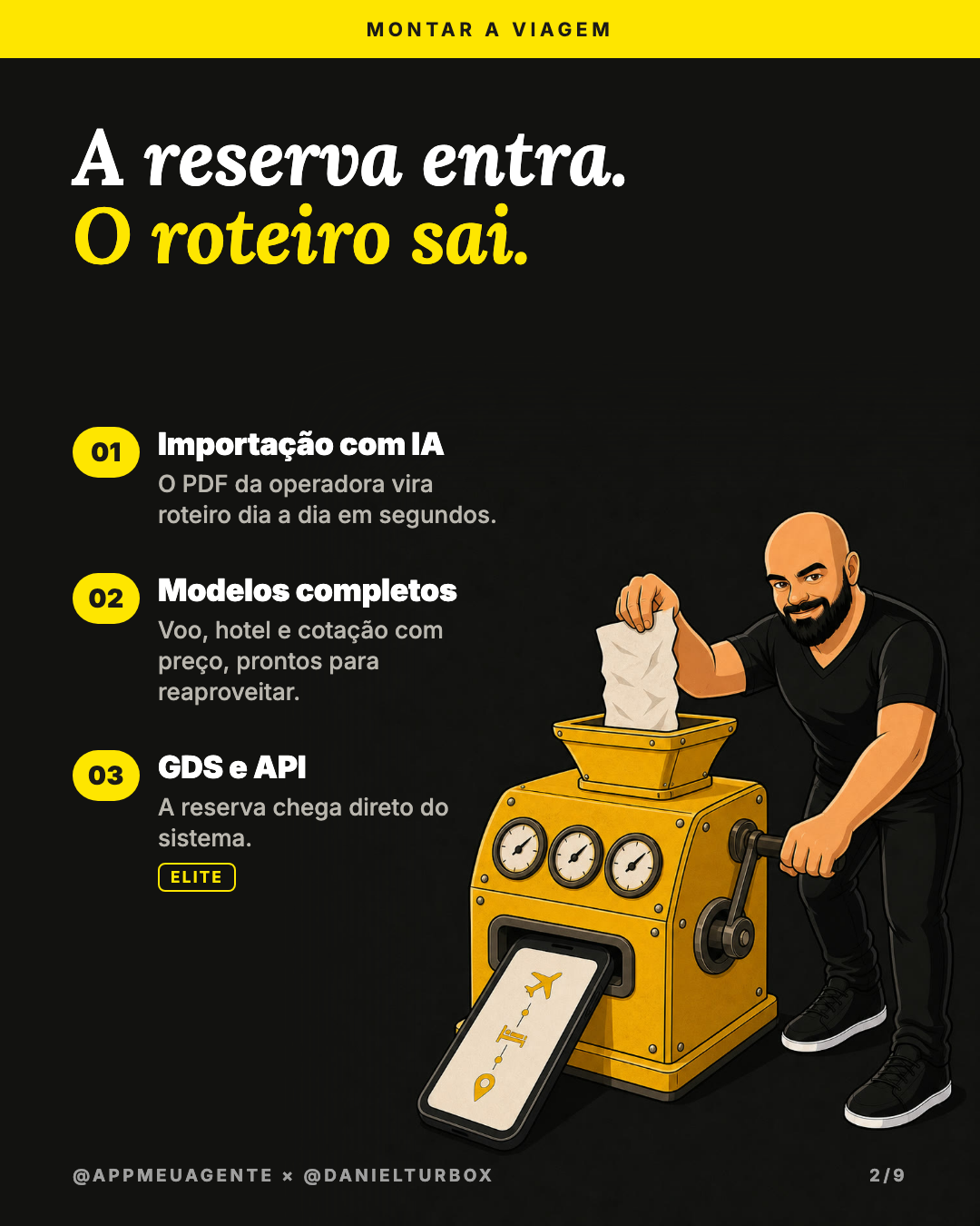 Card do carrossel: a reserva entra e o roteiro sai, com importação com IA, modelos completos e GDS e API