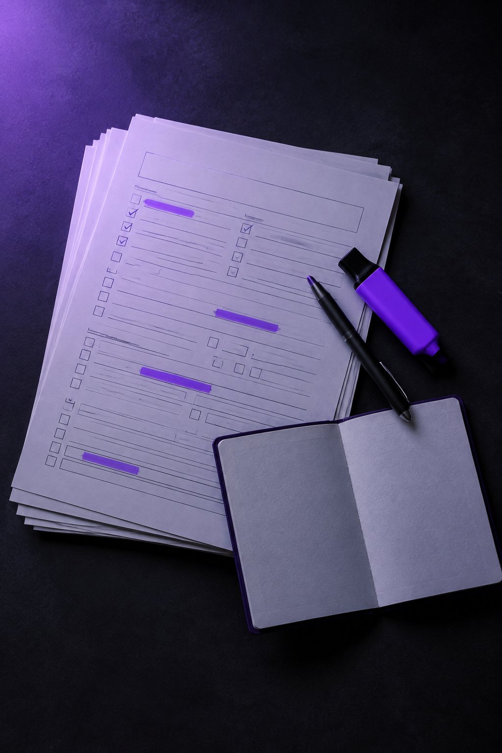 Formulários impressos com campos marcados em roxo, passaporte aberto, caneta e marca-texto sobre mesa escura