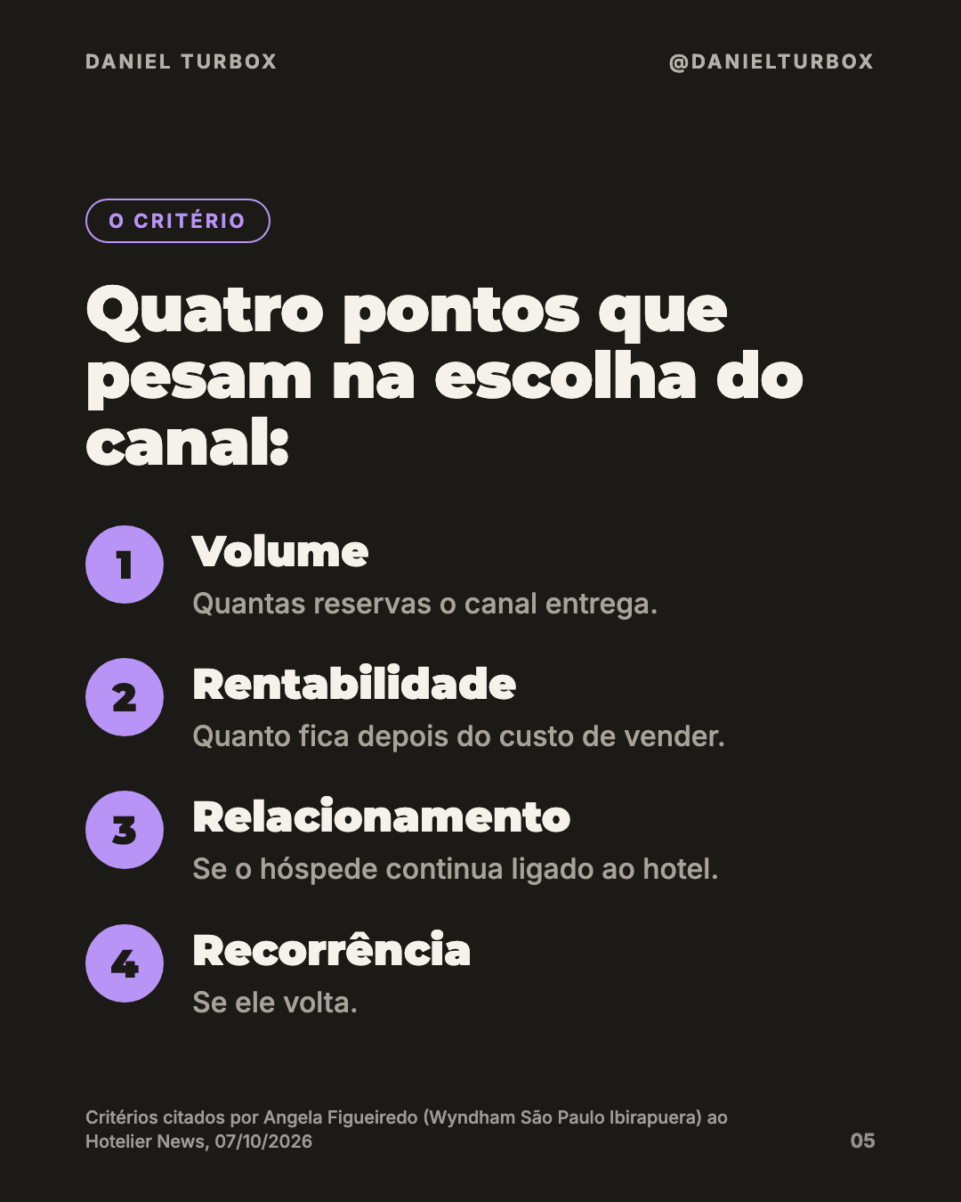 Slide com os quatro critérios que pesam na escolha do canal pelo hotel: volume, rentabilidade, relacionamento e recorrência