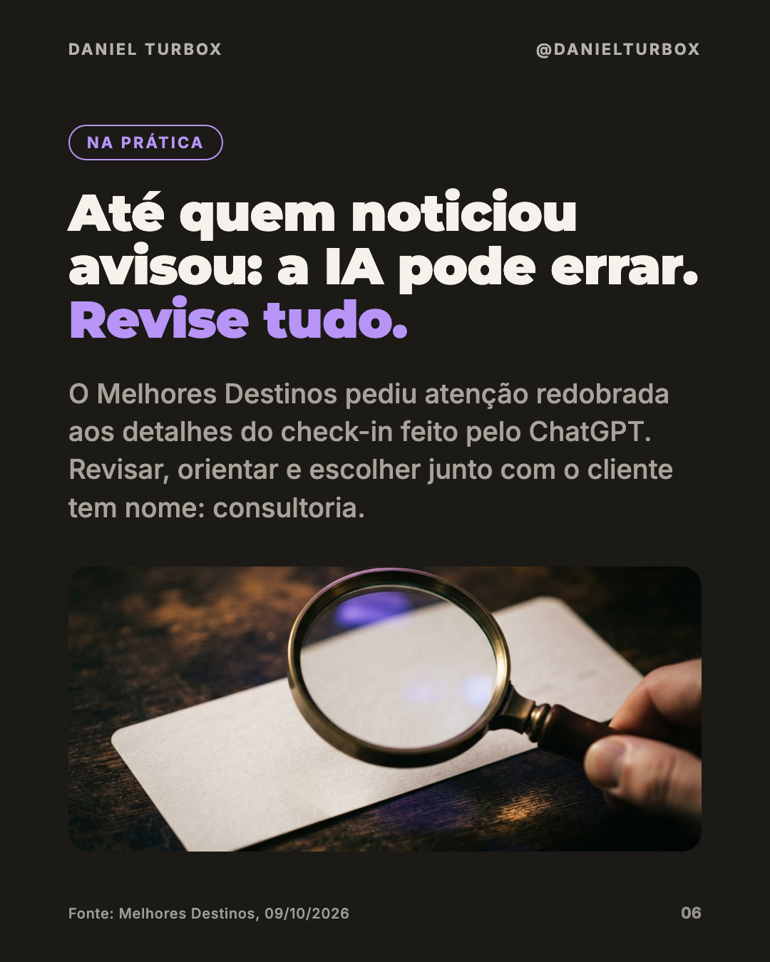 Slide do carrossel com uma lupa sobre um cartão de embarque e o aviso de que a IA pode errar, por isso é preciso revisar o check-in feito pelo ChatGPT