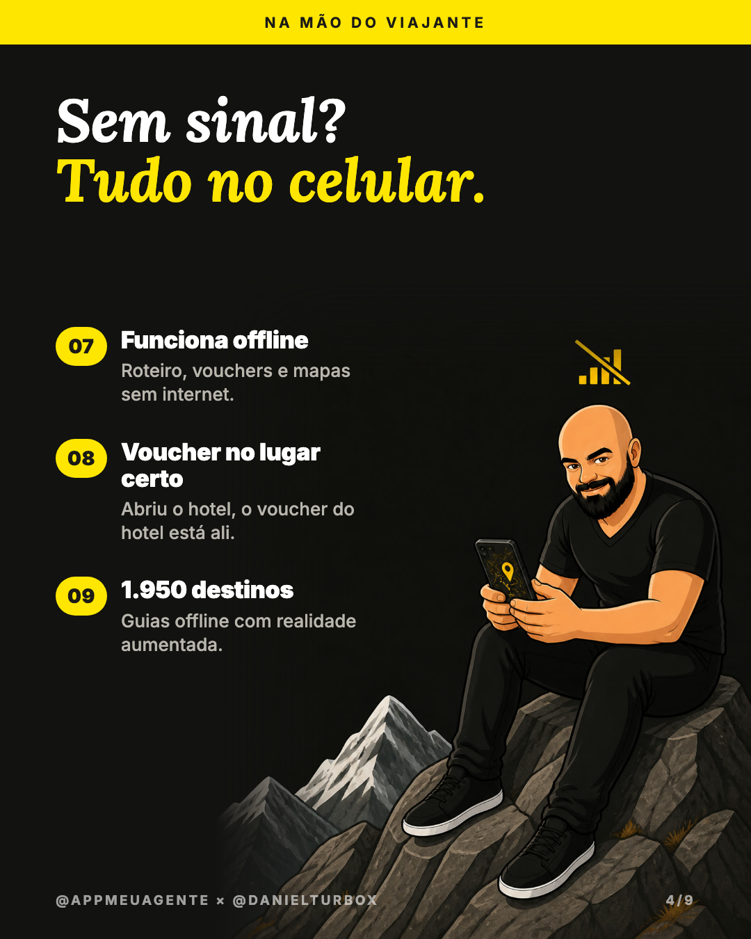 Card do carrossel: o atraso chega antes da ligação, com voo e check-in, alerta de atraso e aviso na hora certa