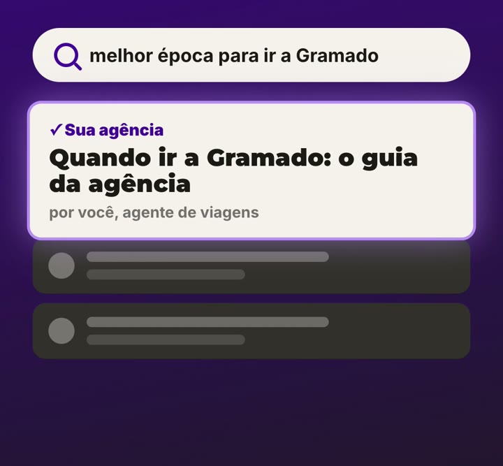 Ilustração de uma busca por melhor época para ir a Gramado com o guia da agência subindo para o topo dos resultados
